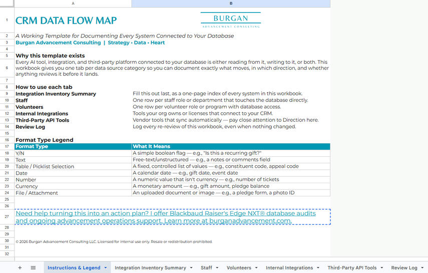 CRM Data Flow May Template (Google Sheet) Screenshot of a nonprofit CRM data flow map integration inventory summary template in Google Sheet form
