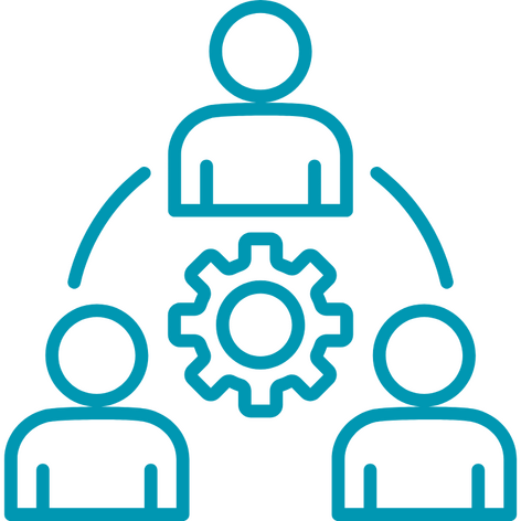 Workflow Graphic Teal graphic of three individuals in a circle with a gear in the middle